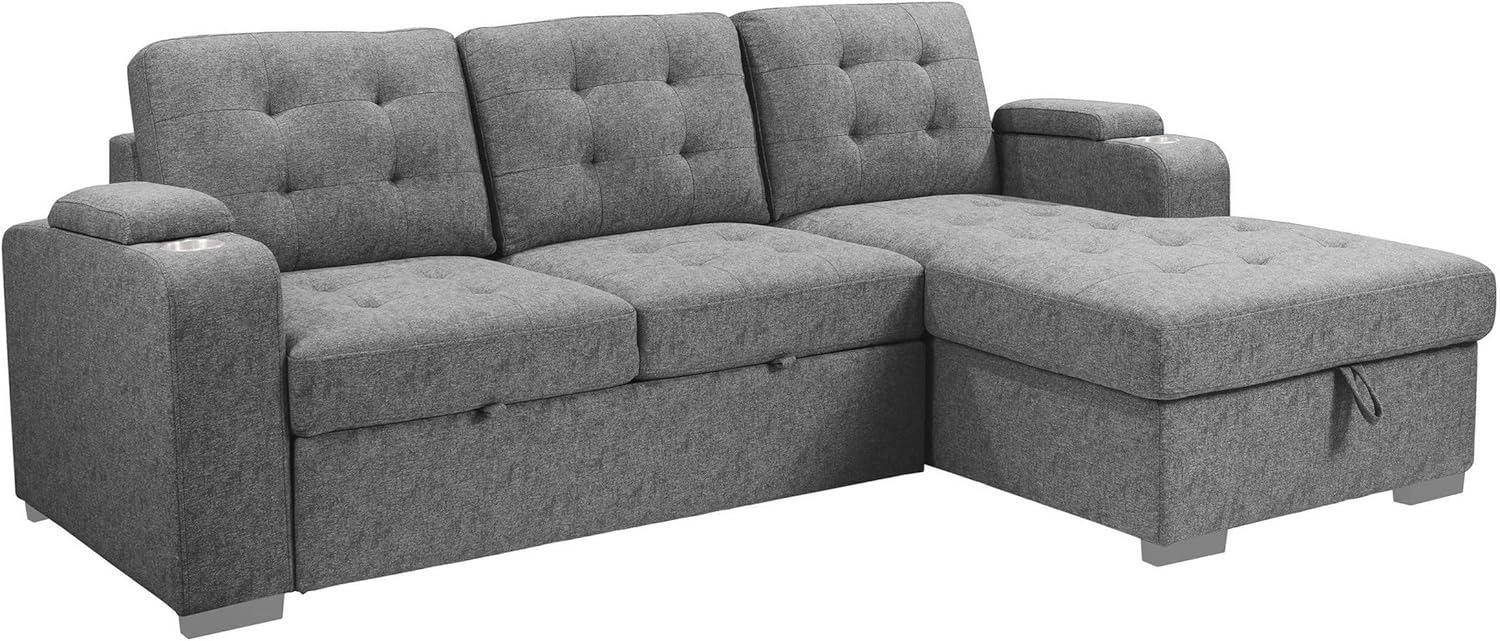 Benjara 120 Inch Sleeper Sectional Sofa Bed with Storage, Modern Tufted Gray Fabric