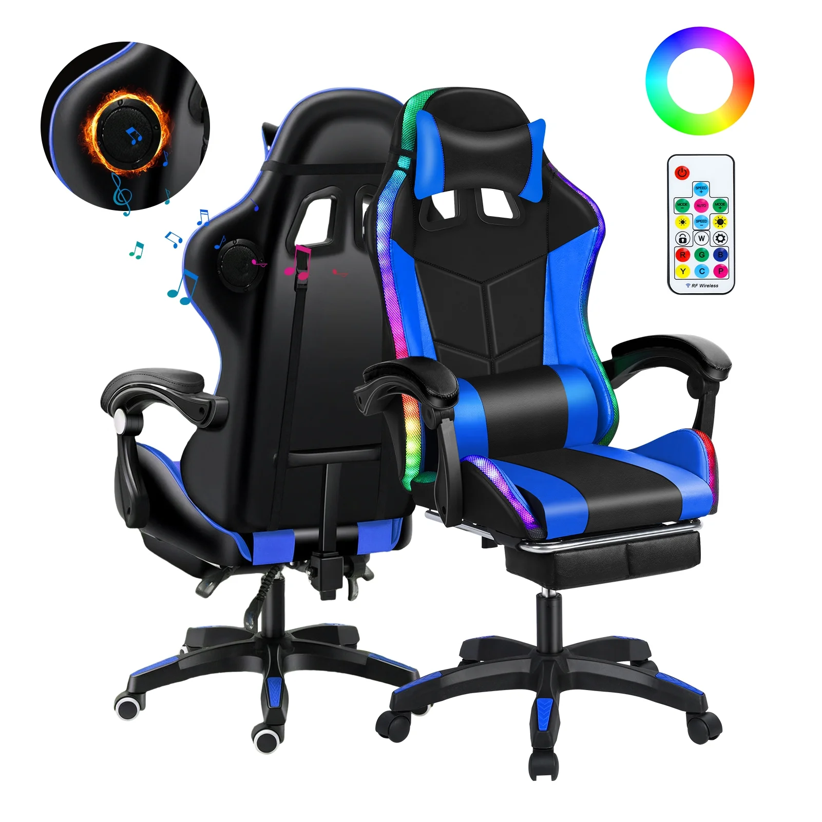 Gaming Chair with Bluetooth-compatible Speakers and RGB LED Lights, Ergonomic Massage Computer Chair with Height Adjustable, Video Game Chair High Back with Lumbar Support