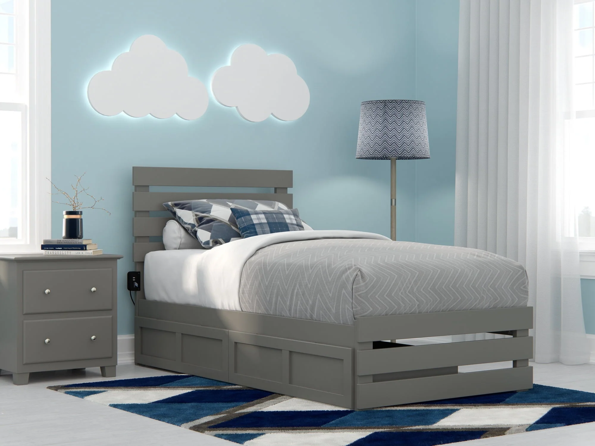 Oxford Twin Bed with Footboard and USB Turbo Charger with 2 Drawers in Grey
