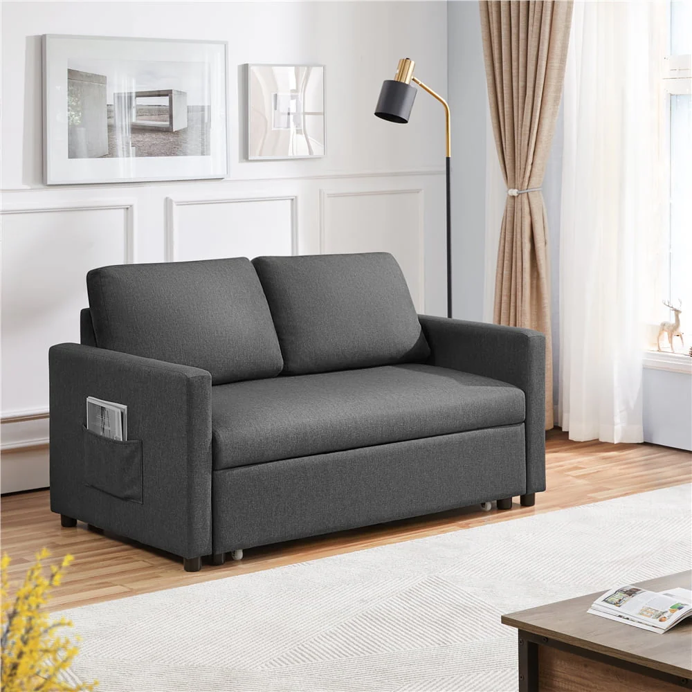 Topeakmart Convertible Sofa Bed Sleeper Sofa Trundle Loveseat with Pull-out Trundle Bed, Dark Gray