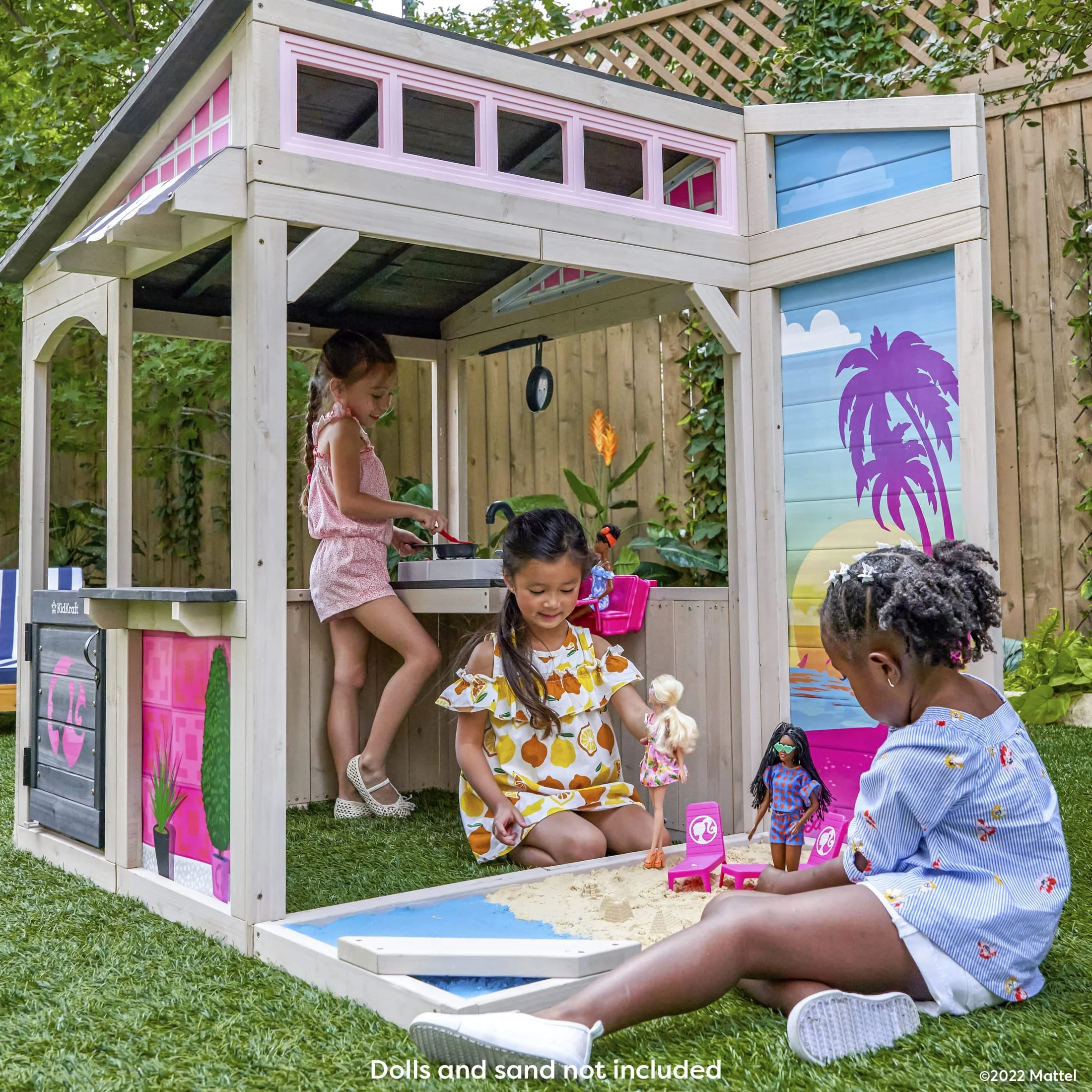 KidKraft Barbie? Seaside Wooden Outdoor Playhouse with Attachable Doll Table and Chairs