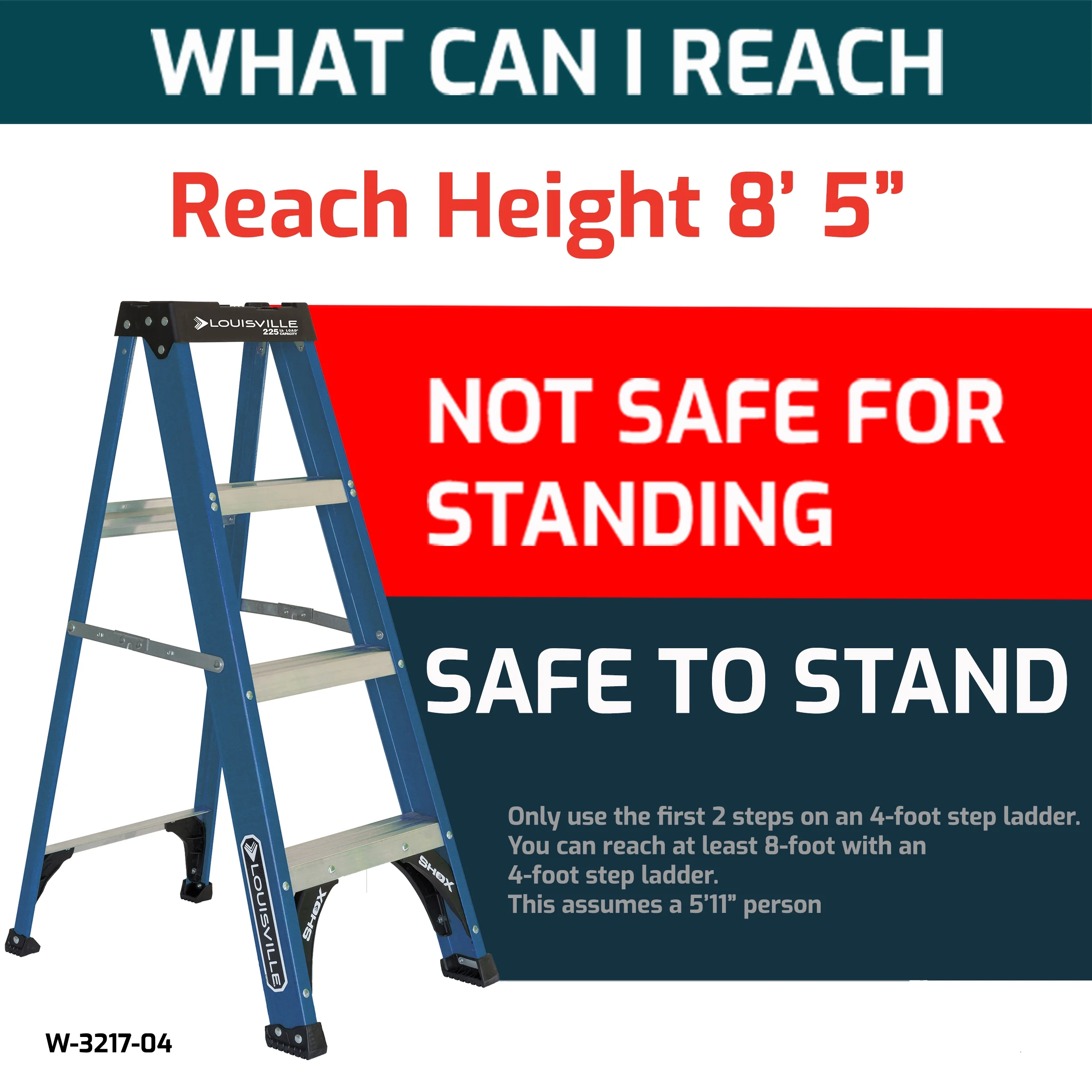 Louisville Ladder 4' Fiberglass Step Ladder, 8' Reach, 225-lb Capacity, W-3217-04