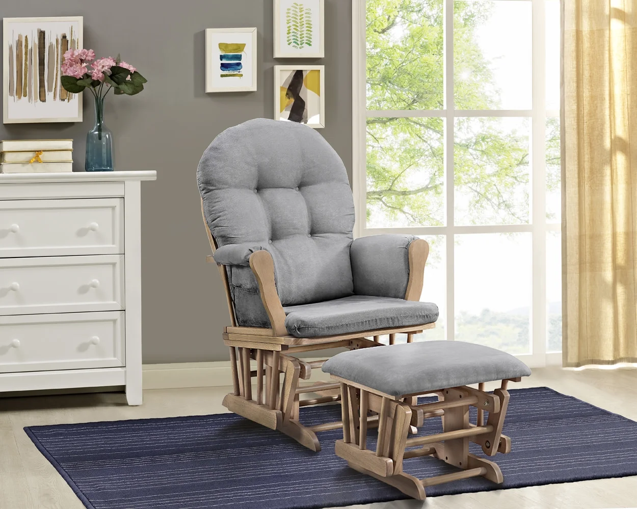 Angel Line Windsor Glider and Ottoman, Natural Finish with Gray Cushions