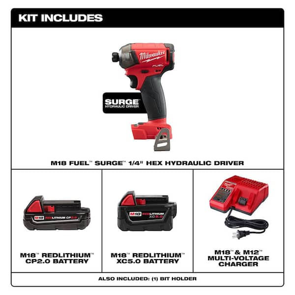 M18 FUEL SURGE 18V Lithium-Ion Brushless Cordless 1/4 in. Hex Impact Driver w/One 5.0Ah and One 2.0Ah Battery Charger