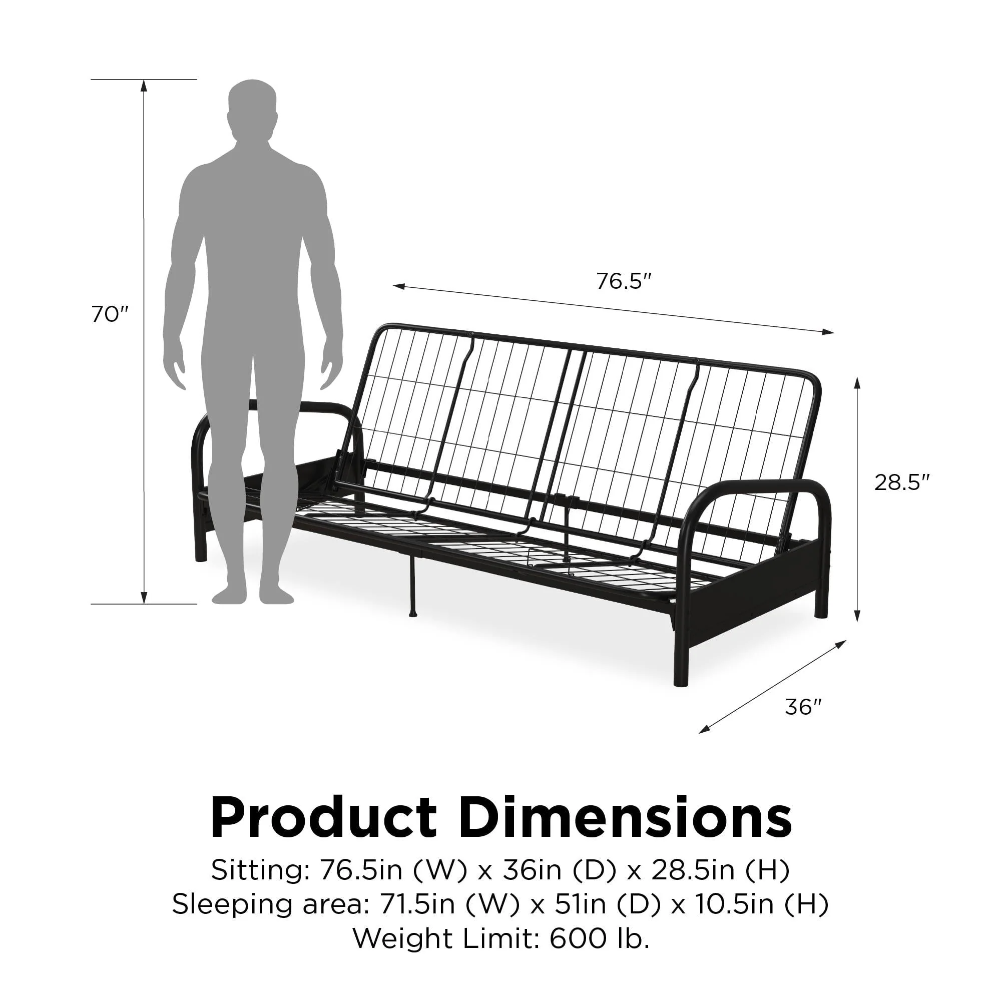 DHP Vermont Metal Futon Frame, Black