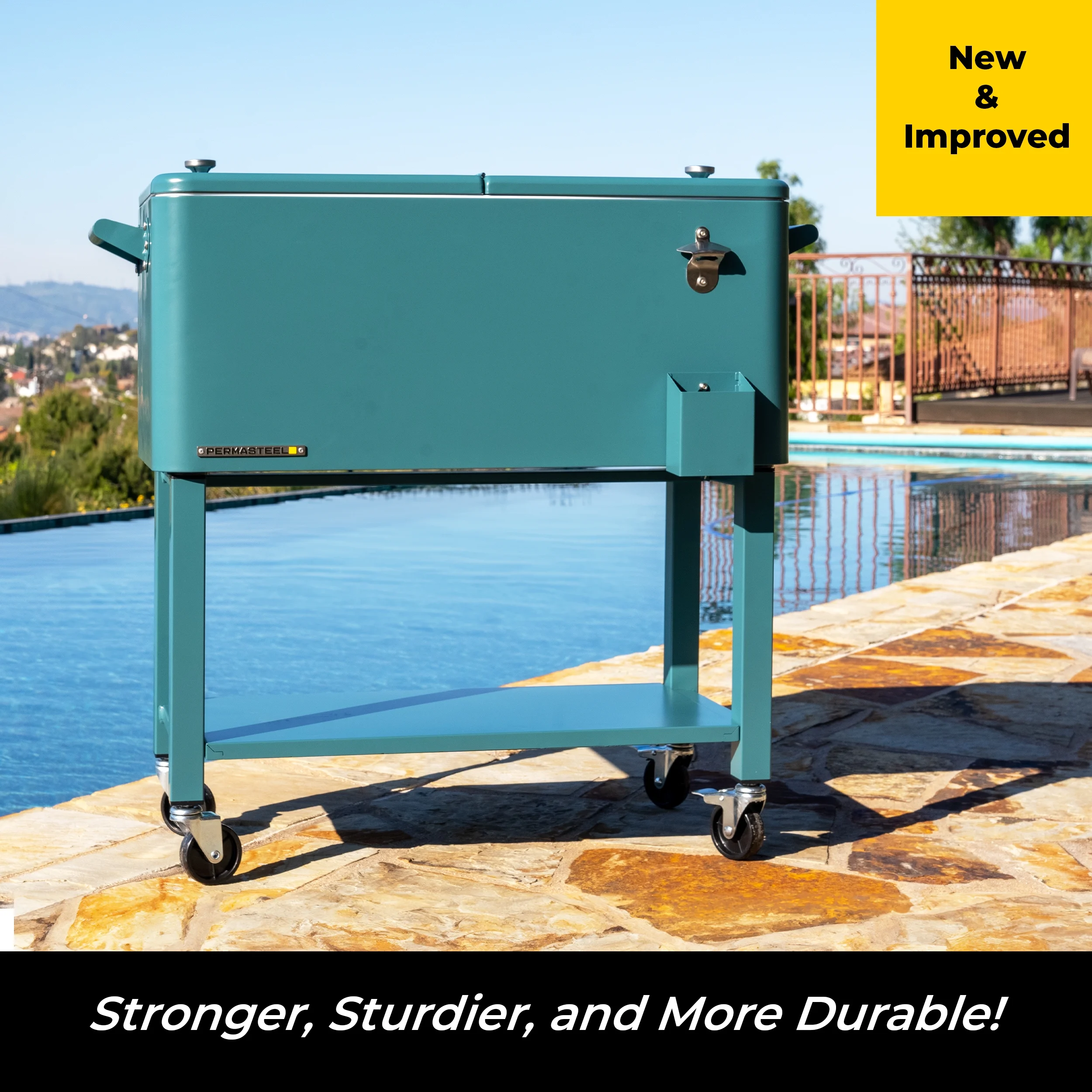 Permasteel 80-Qt Outdoor Steel Patio Cooler with Removable Basin, Rolling Cooler with Wheels, Teal Green