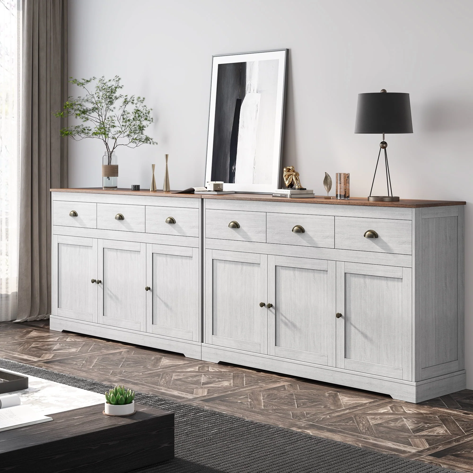 Homfa Sideboard Storage Cabinet with 3 Drawers & 3 Doors, 47.2'' Wide Buffet Cabinet for Dining Room, Antique White