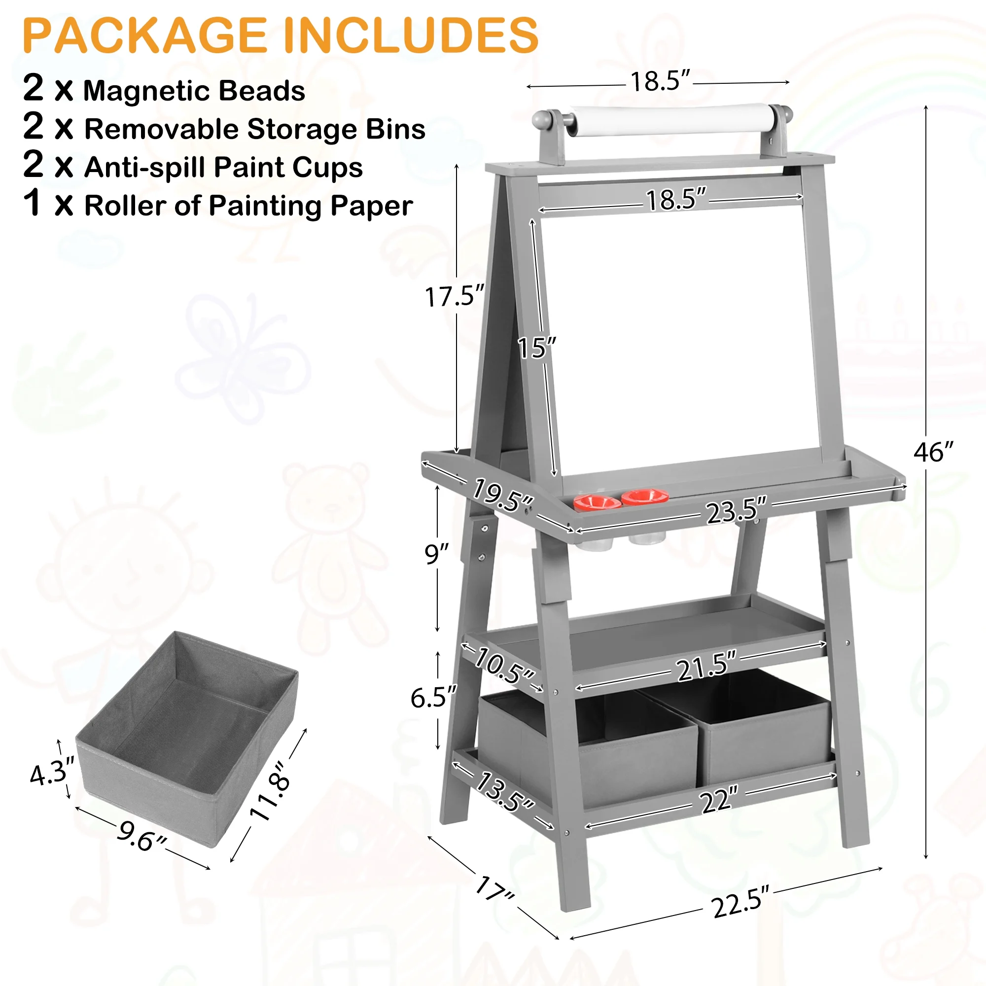 LINLUX 3 in 1 Art Easel for Kid, Whiteboard for Kid with Stand, Magnetic Chalkboard Pizarra, Grey