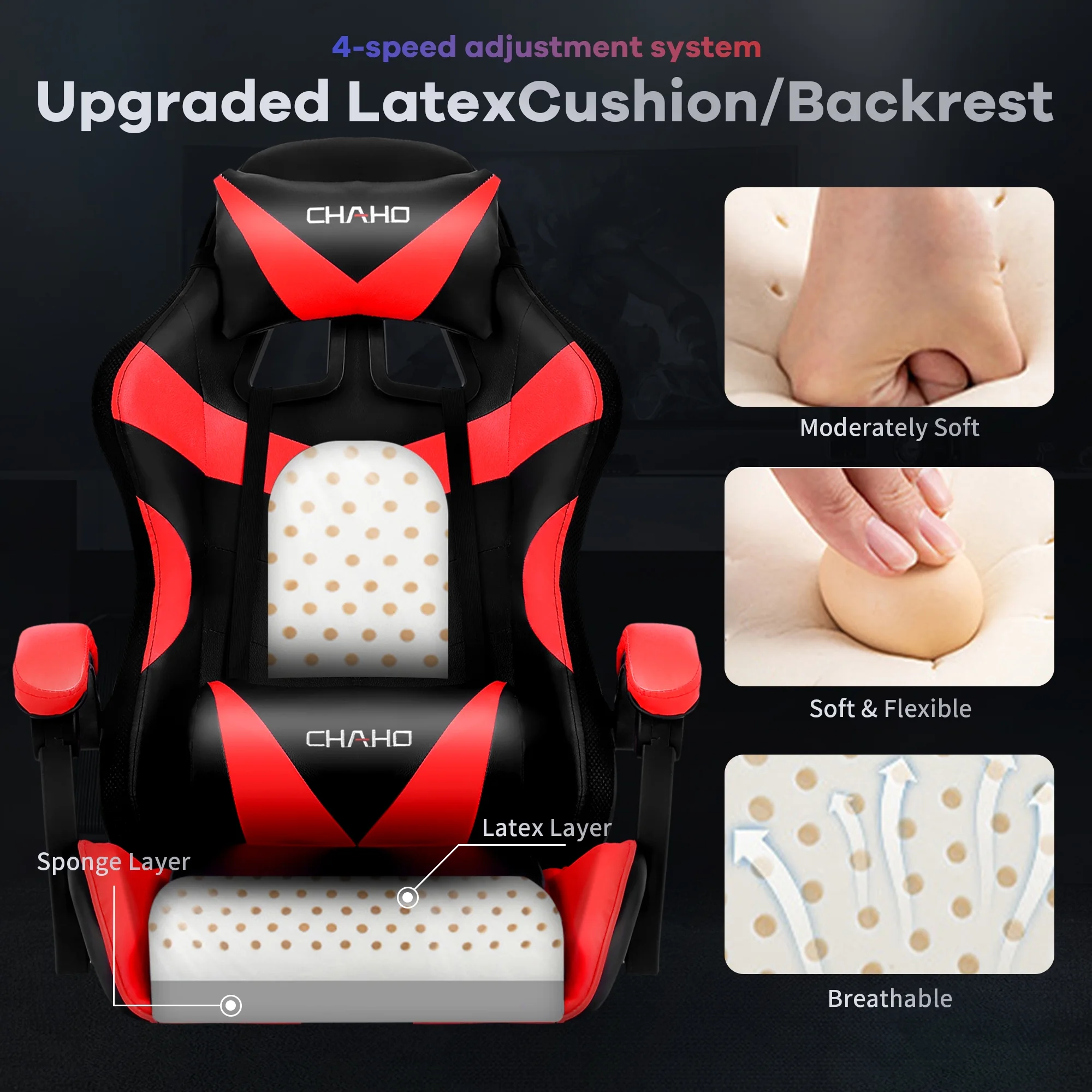 Ergonomic Gaming Chair, CHAHO Gaming Chair with Speaker & LED Lights, Computer Racing Chair for Adults, PU Leather Office Chair with Footrest Lumbar Support Headrest, Red