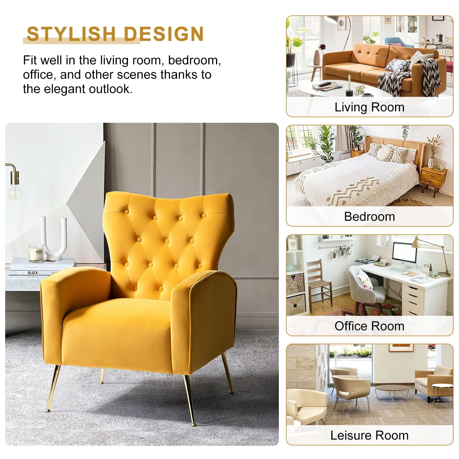 14 Karat Home Fall Home Decor Velvet Accent Chair Button Tufted Metal Legs Adult Living Room Mustard